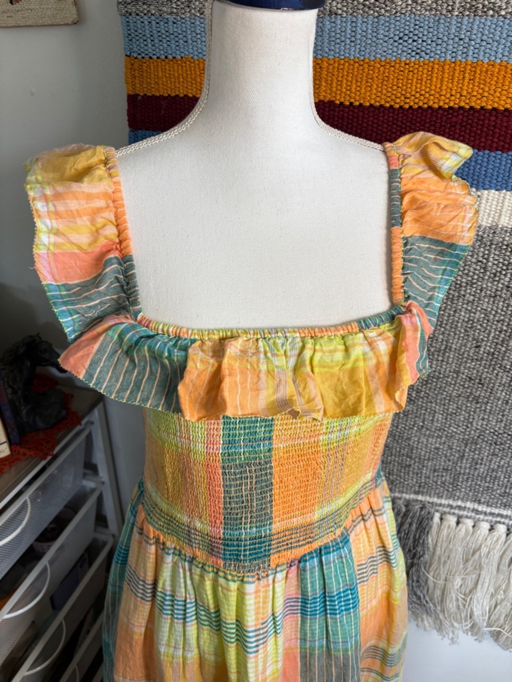 🚨Vineyard Vines Pastel Plaid Cotton Ruffle-Smock Midi Dress Medium - Picture 2 of 7